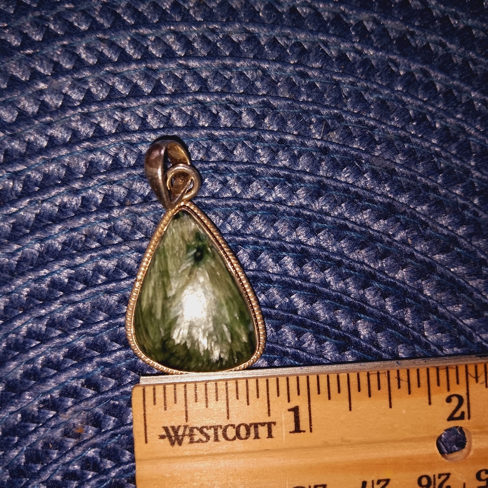Seraphinite "Angel Wings" Sterling Silver Pendant 2" color green and white